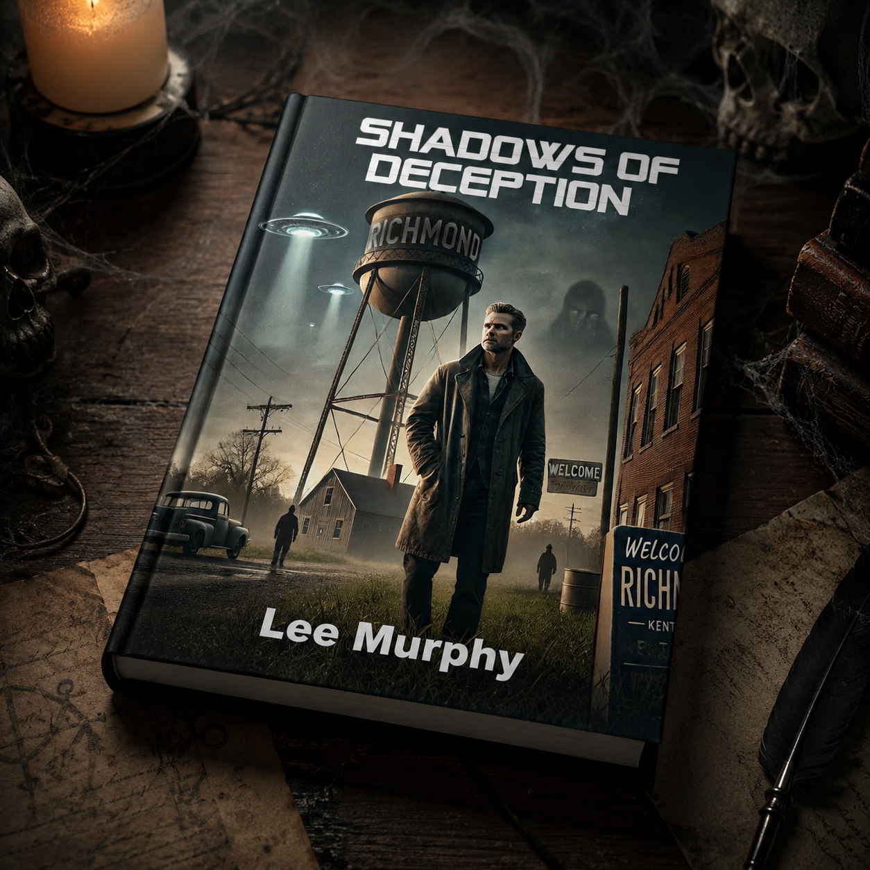 Shadows of Deception — the novel resting on an old wooden desk by candlelight, surrounded by skulls, cobwebs, an antique quill, and arcane sigils.