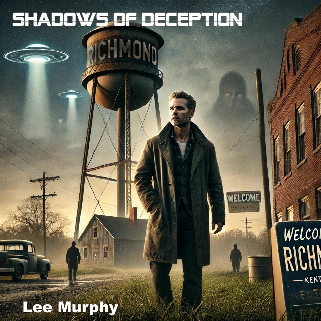 Shadows of Deception book cover — a man in a long coat stands beneath the Richmond water tower as UFOs drift in the night sky.