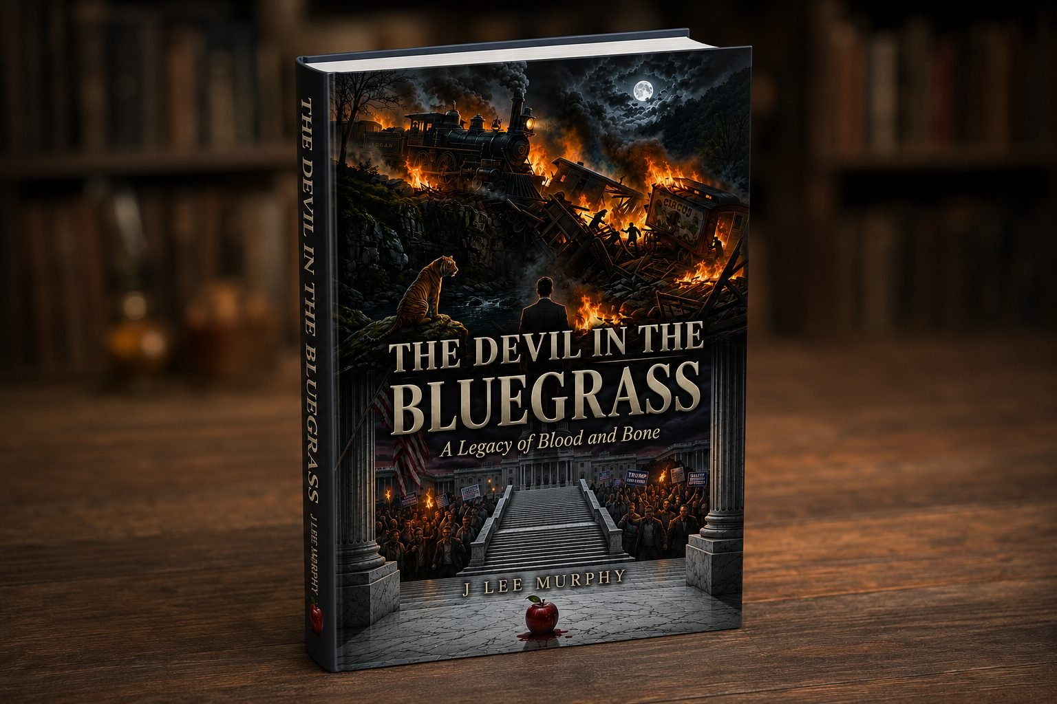 The Devil in the Bluegrass book cover — a lone figure before a burning train wreck in the Kentucky night.